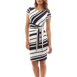 Stripe Crewneck Cap Sleeve Dress (Navy Blue Ivory)
